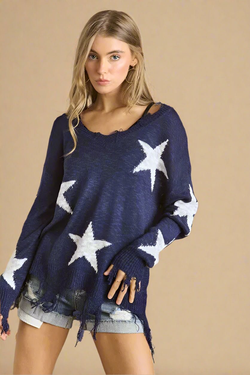 ADORA - Navy Distressed Star Knit Sweater