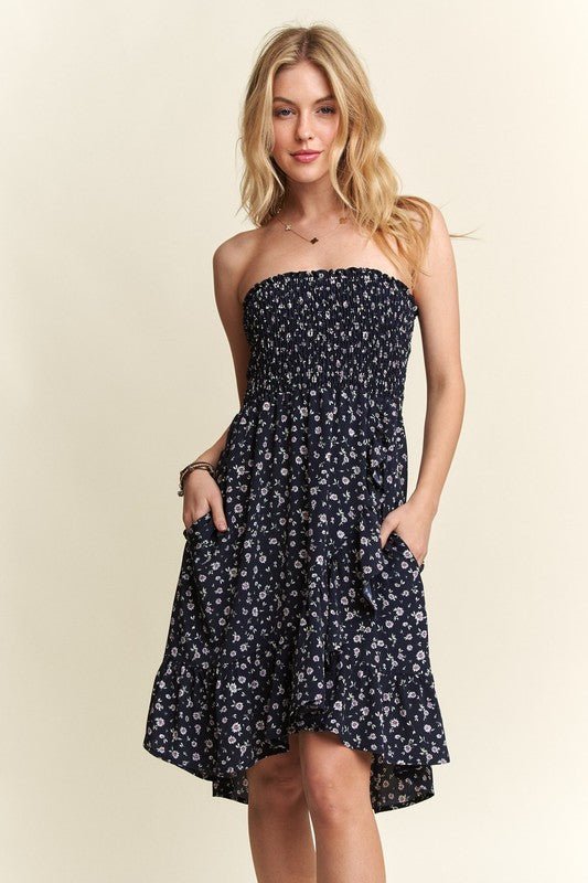 ADORA - Navy Floral Smocked Strapless Mini Dress with Pockets
