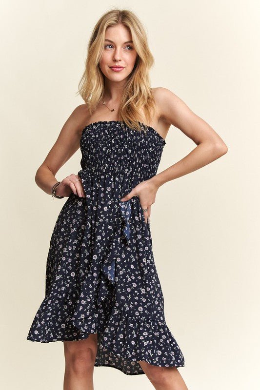 ADORA - Navy Floral Smocked Strapless Mini Dress with Pockets