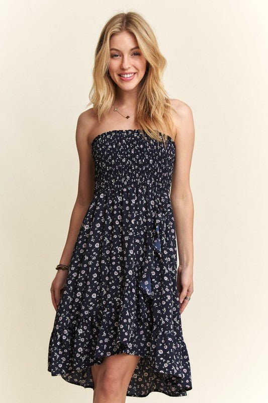 ADORA - Navy Floral Smocked Strapless Mini Dress with Pockets