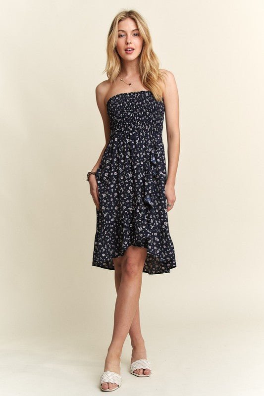ADORA - Navy Floral Smocked Strapless Mini Dress with Pockets