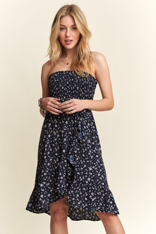 ADORA - Navy Floral Smocked Strapless Mini Dress with Pockets