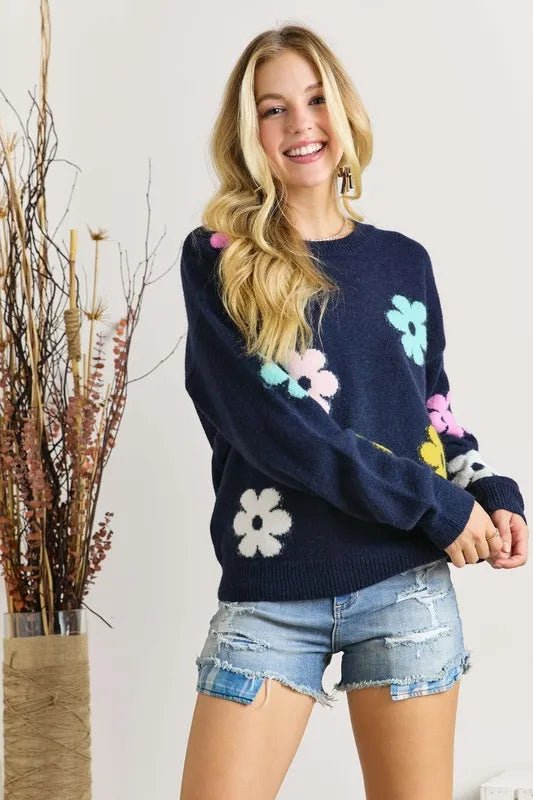ADORA - Navy Multicolor Daisy Knit Sweater