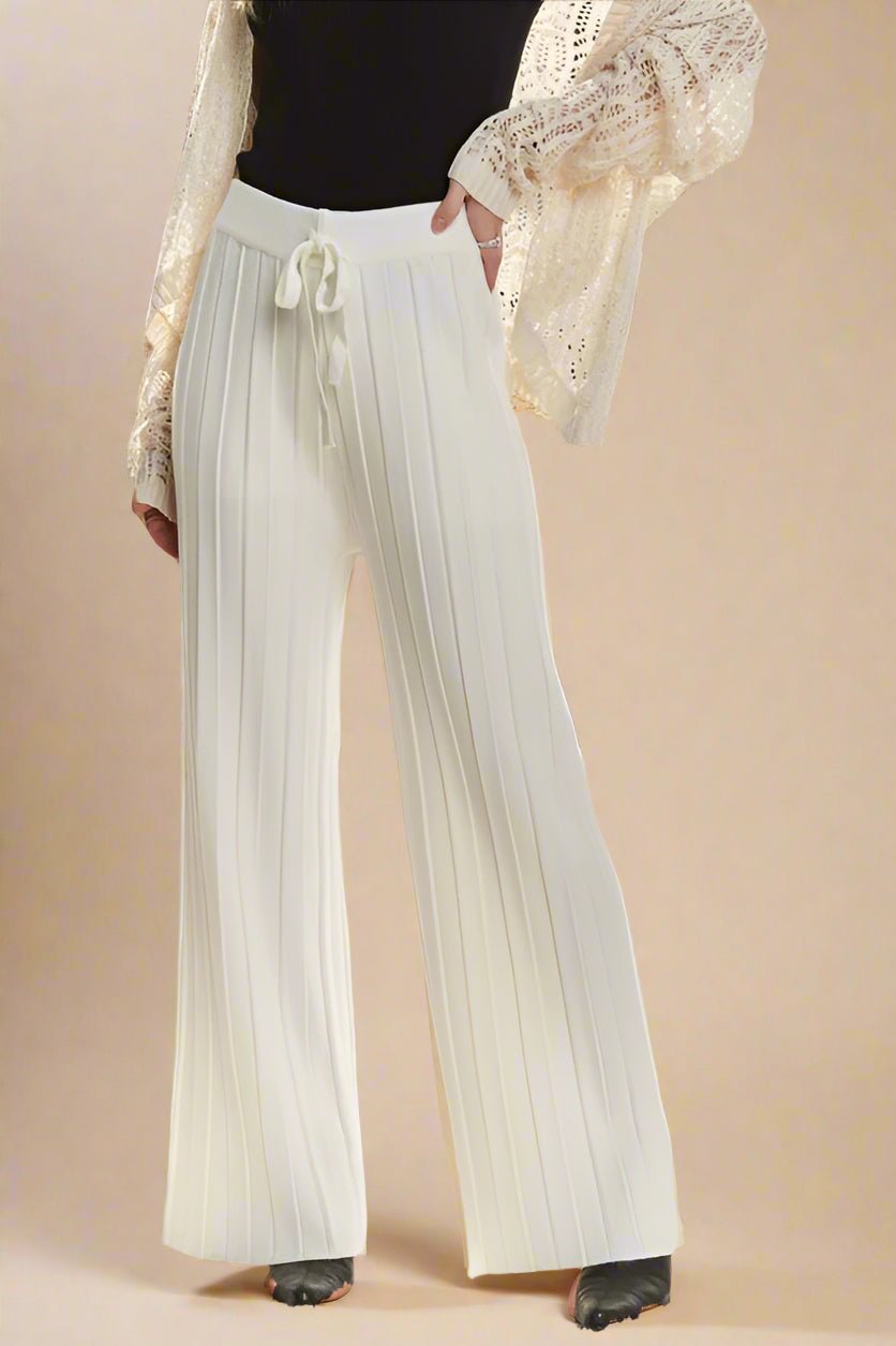 ADORA - Off - White Drawstring Waist Wide Leg Knit Pants