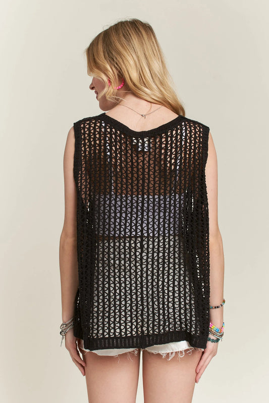 ADORA - Open Knit Button Front Vest in Black