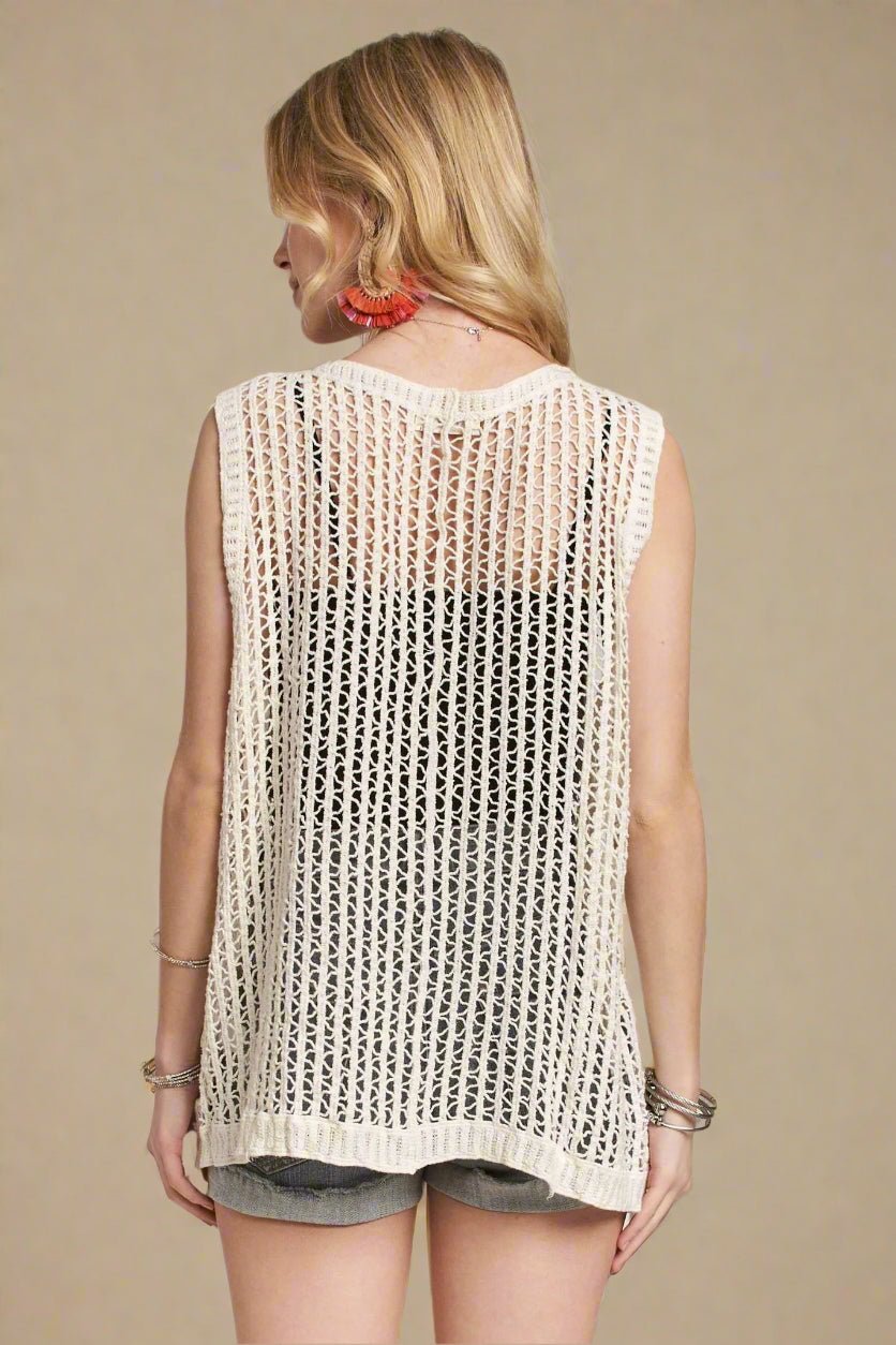 ADORA - Open Knit Button Front Vest in Natural Cream