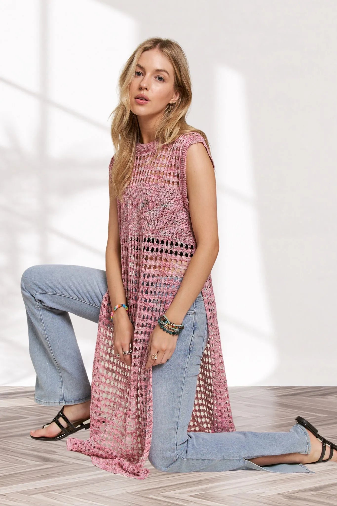 ADORA - Open Knit Midi Cover Up in Pink Mix