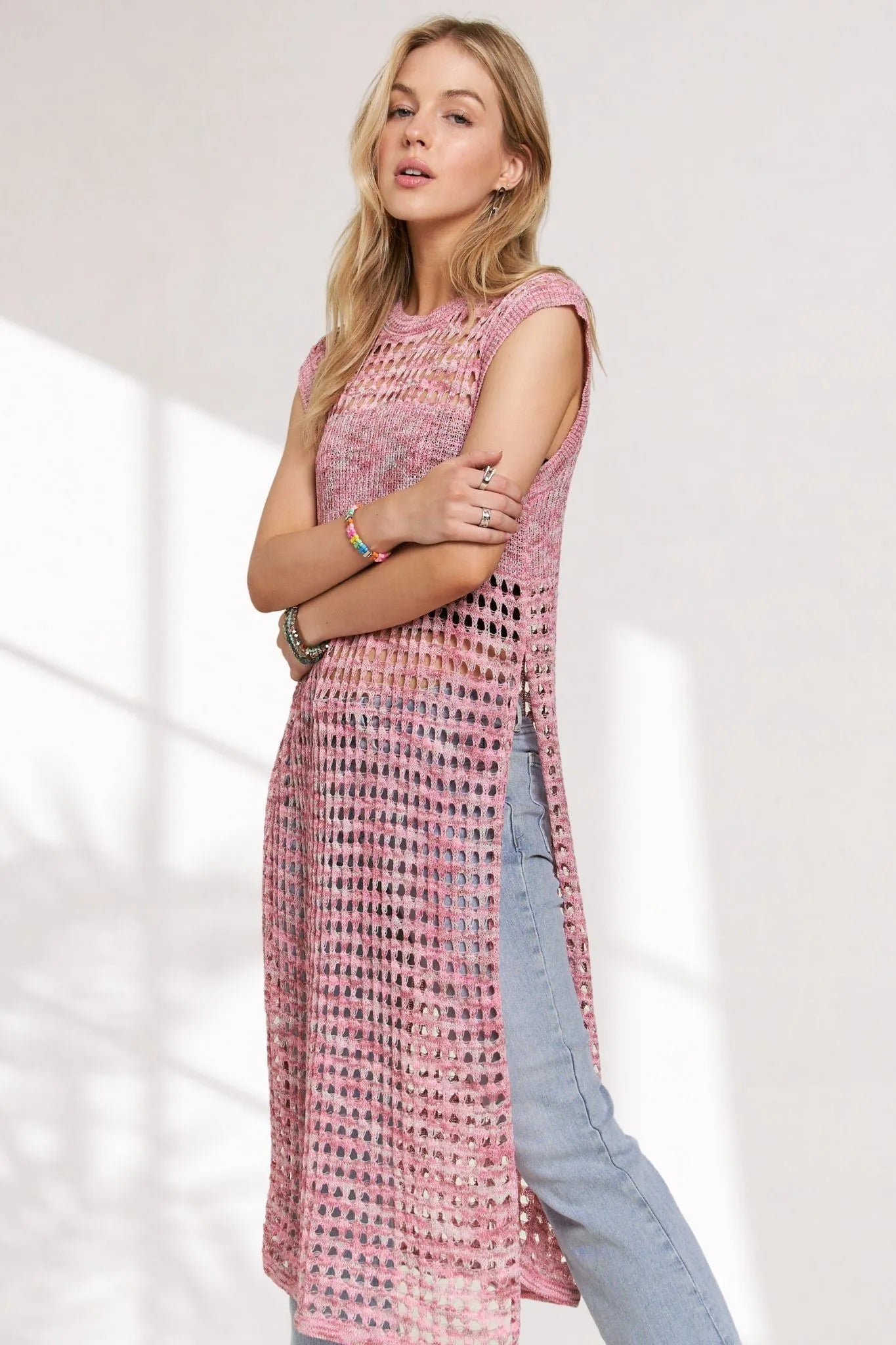 ADORA - Open Knit Midi Cover Up in Pink Mix