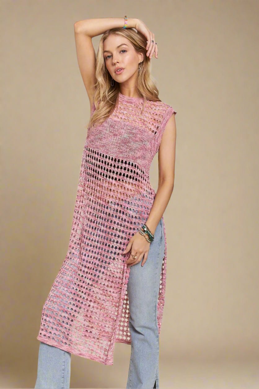 ADORA - Open Knit Midi Cover Up in Pink Mix