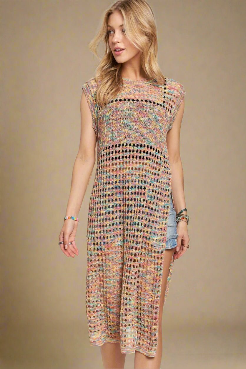ADORA - Open Knit Midi Cover Up in Rainbow Mix