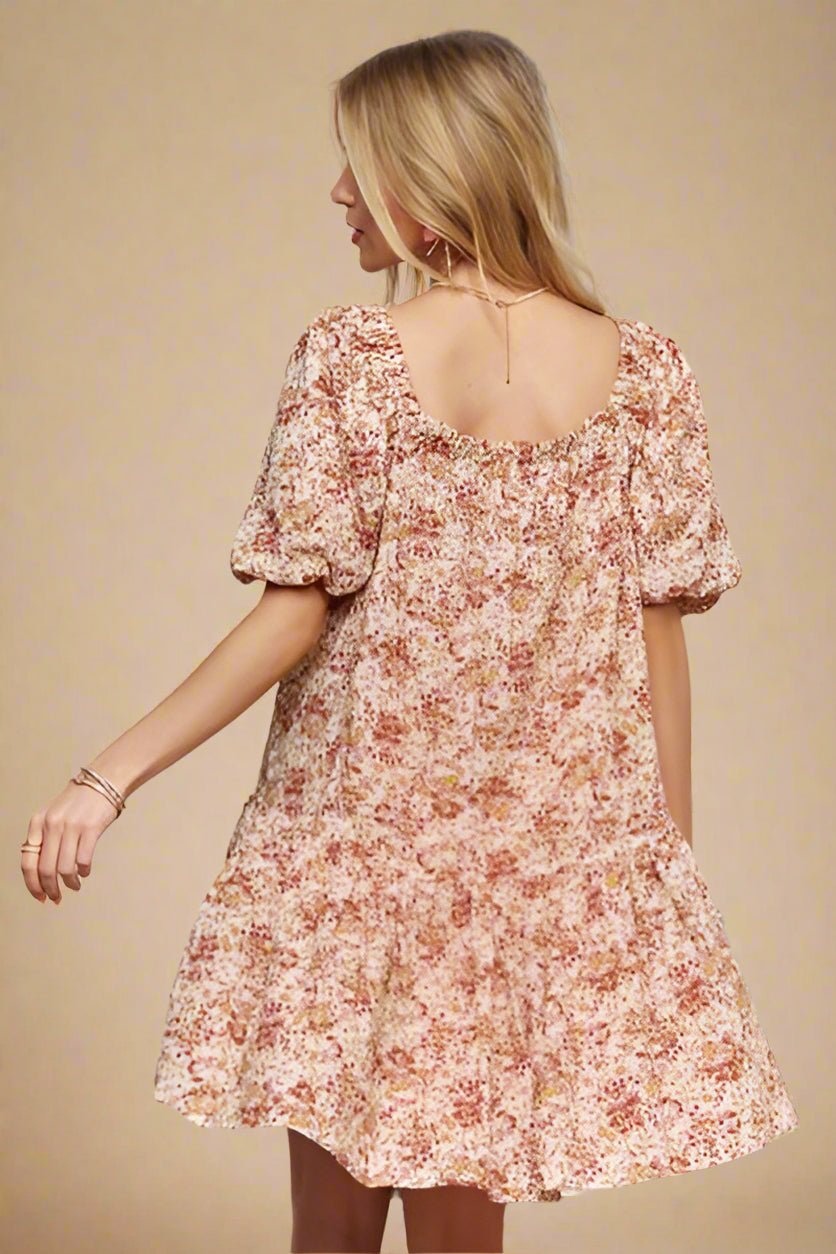 ADORA - Orange Floral Puff Sleeve Mini Dress