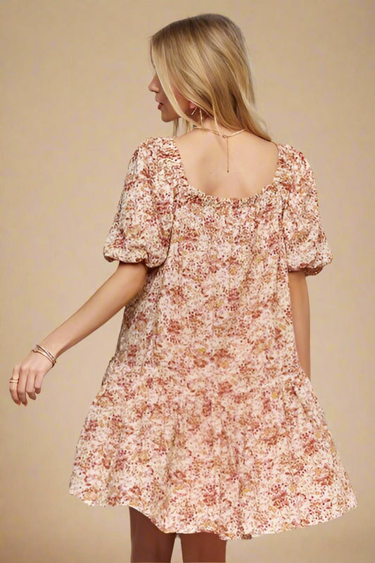 ADORA - Orange Floral Puff Sleeve Mini Dress