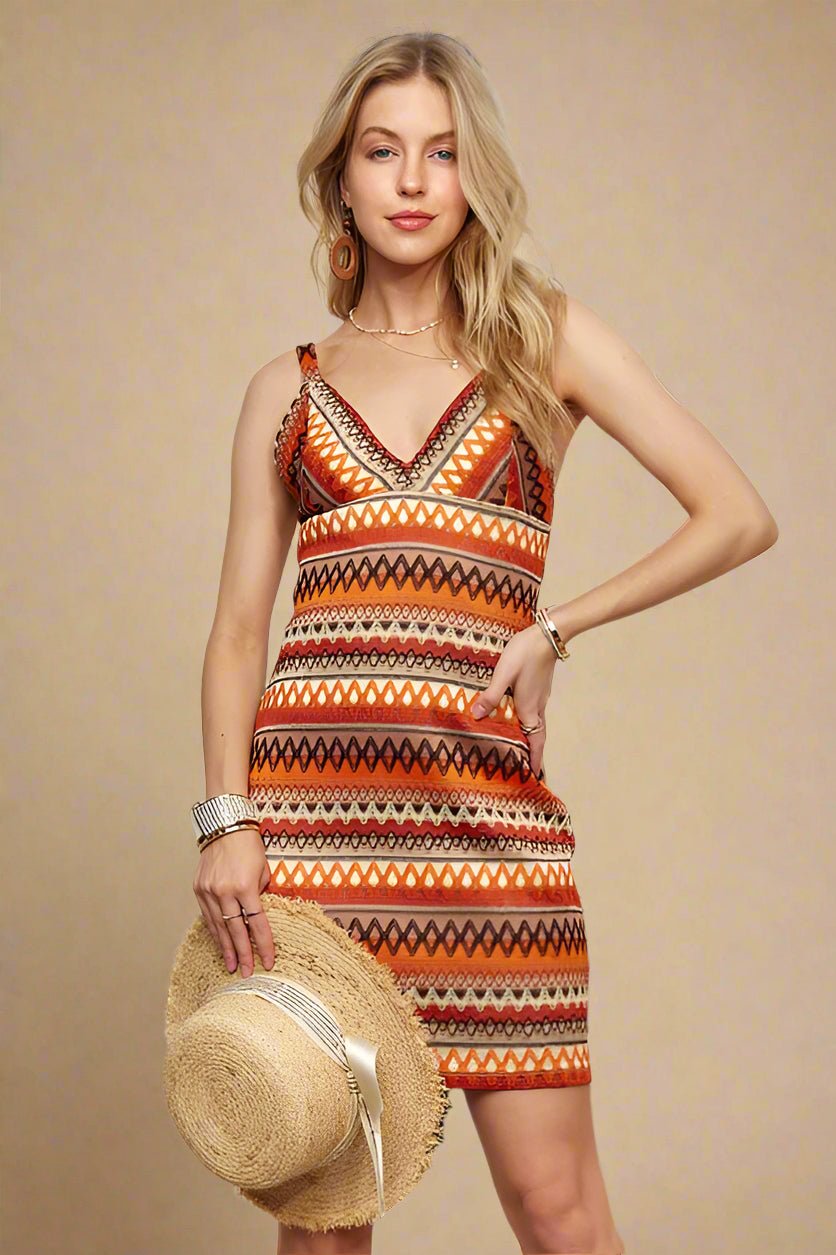 ADORA - Orange Multicolor Striped V - Neck Mini Dress