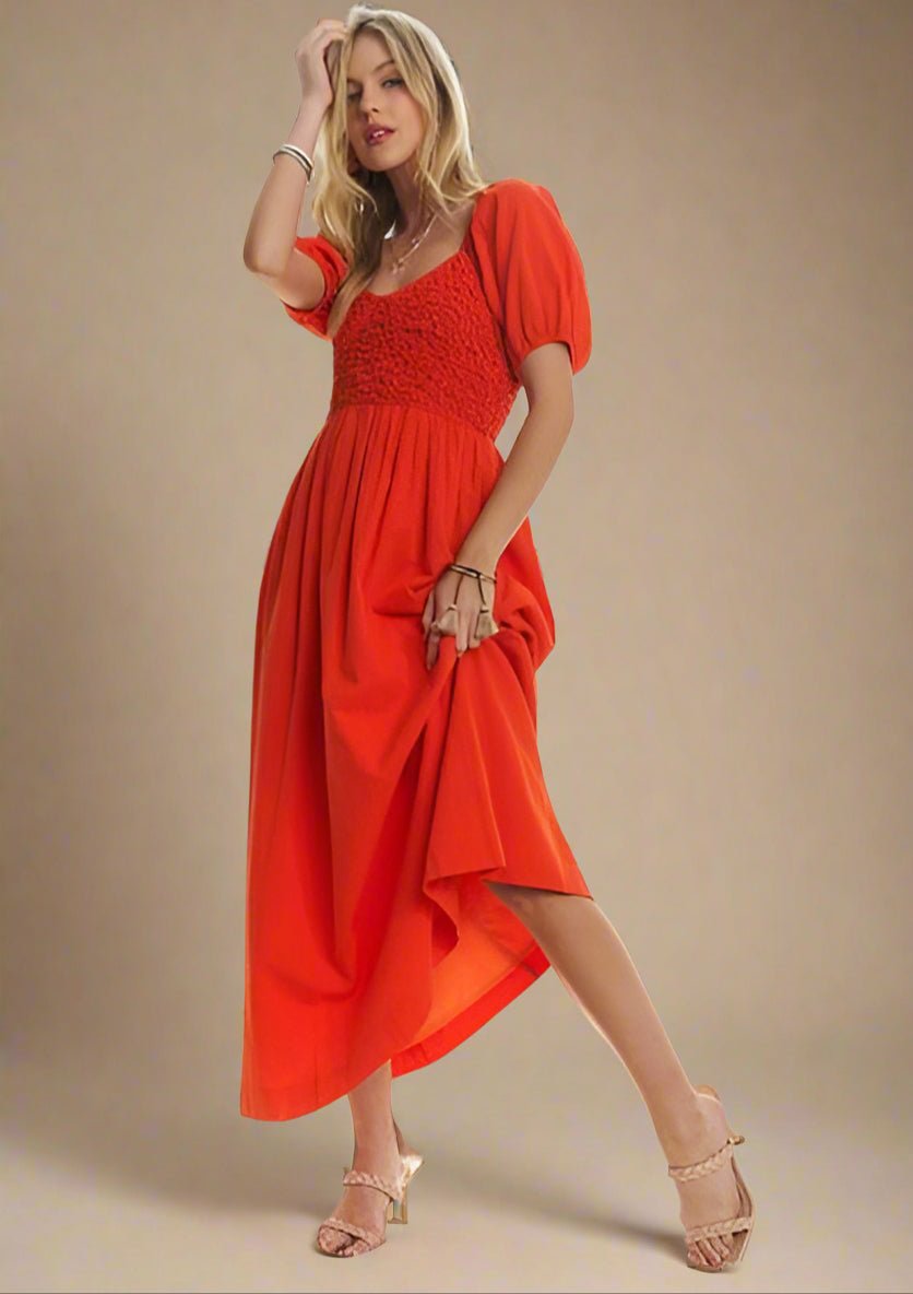 ADORA - Orange - Red Smocked Puff Sleeve Midi Dress