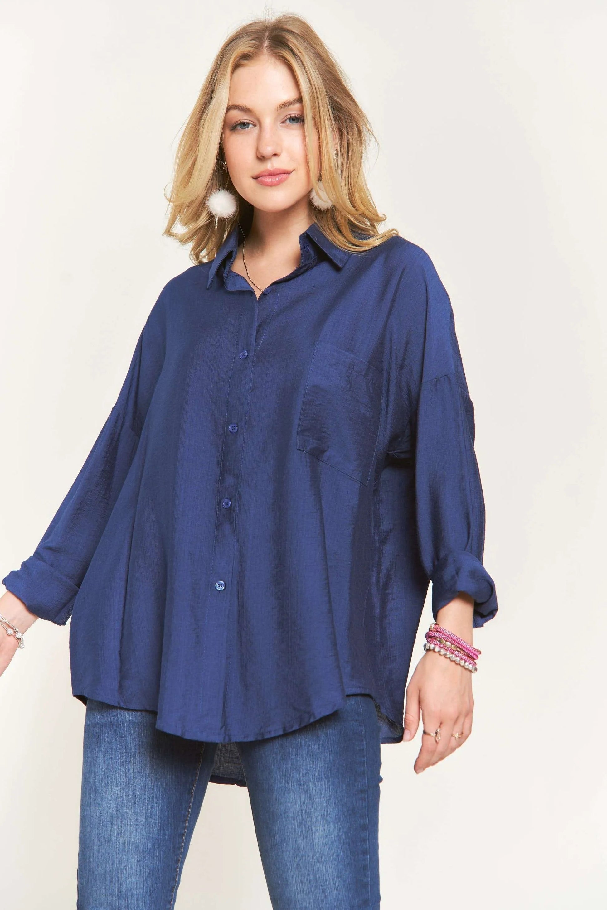 ADORA - Oversized Button - Up Shirt in Dark Indigo Blue