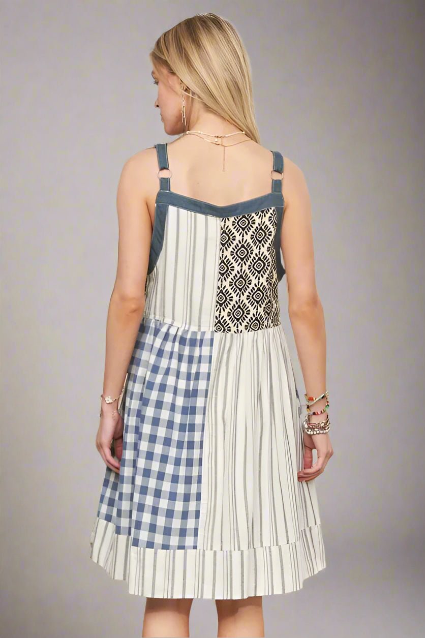 ADORA - Patchwork Button Front Mini Dress – Denim & Navy