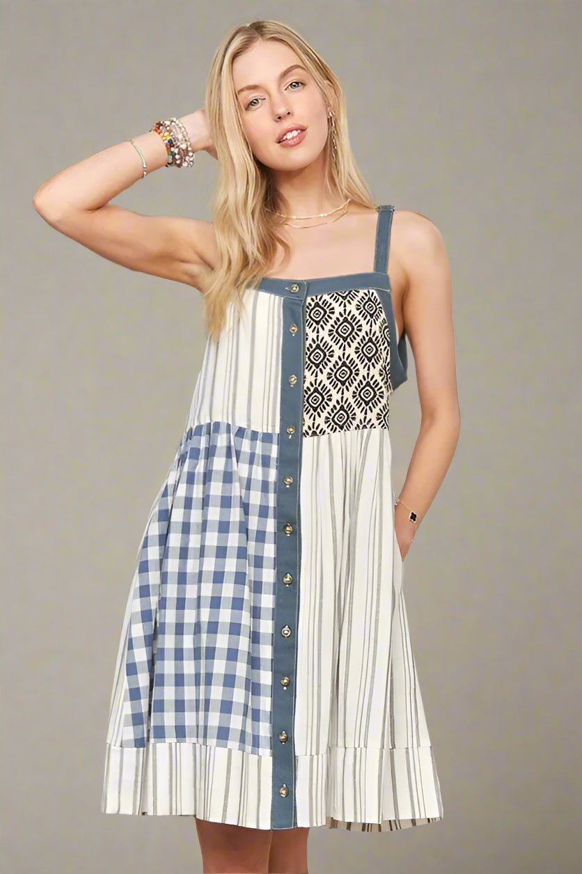 ADORA - Patchwork Button Front Mini Dress – Denim & Navy