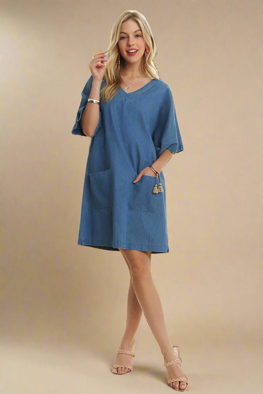 ADORA - Peacock Blue Denim Half Sleeve Mini Dress