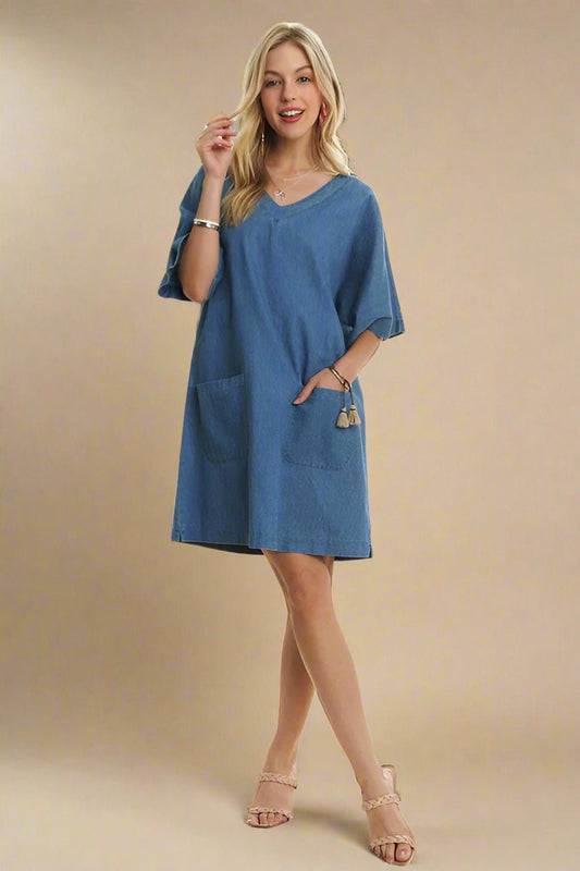 ADORA - Peacock Blue Denim Half Sleeve Mini Dress