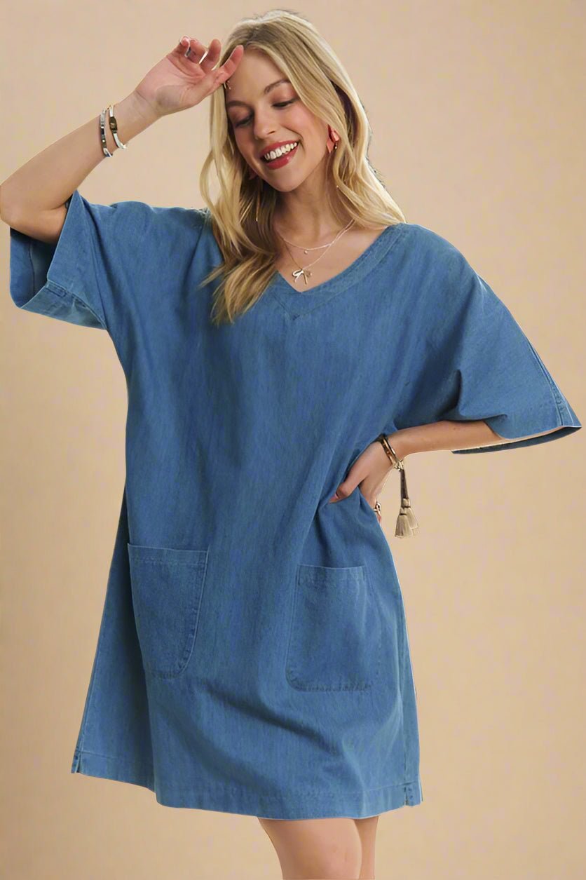 ADORA - Peacock Blue Denim Half Sleeve Mini Dress