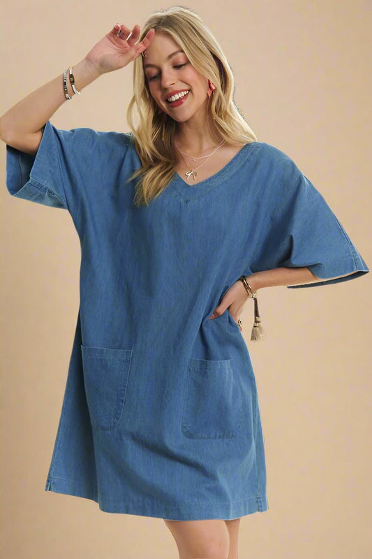 ADORA - Peacock Blue Denim Half Sleeve Mini Dress