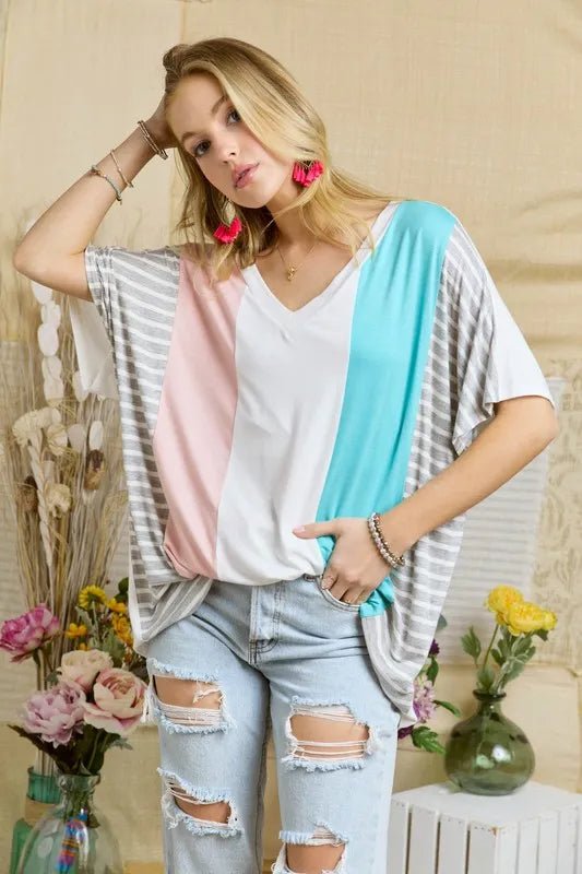 ADORA - Pink & Aqua Colorblock Stripe Sleeve Tee