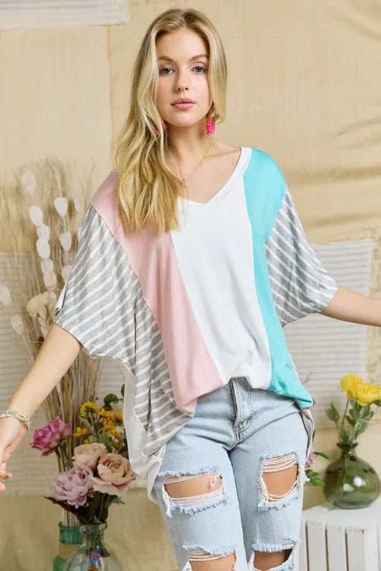 ADORA - Pink & Aqua Colorblock Stripe Sleeve Tee