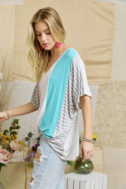 ADORA - Pink & Aqua Colorblock Stripe Sleeve Tee
