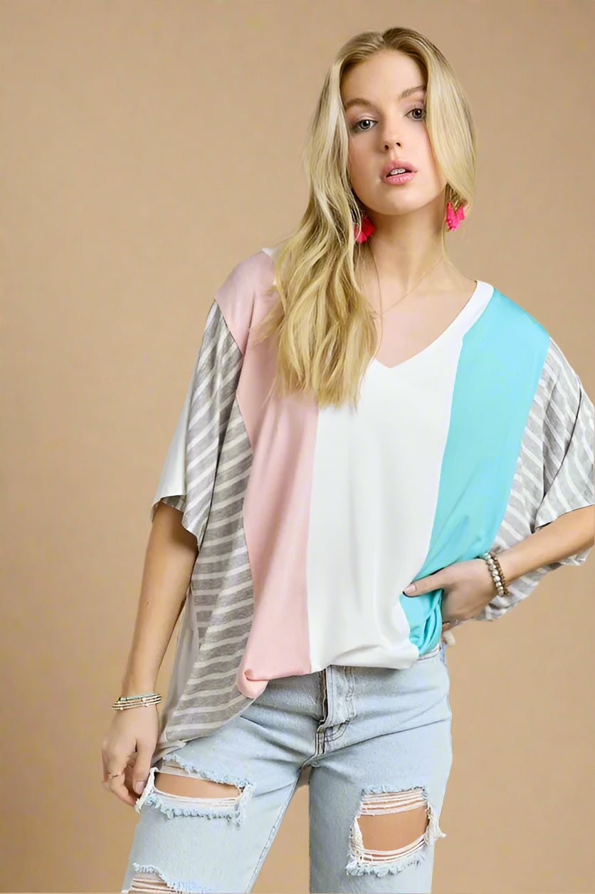 ADORA - Pink & Aqua Colorblock Stripe Sleeve Tee