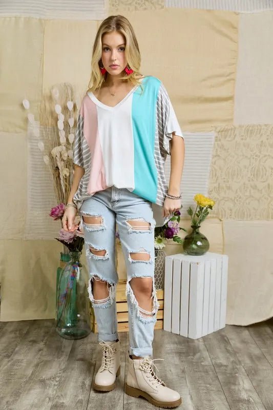 ADORA - Pink & Aqua Colorblock Stripe Sleeve Tee
