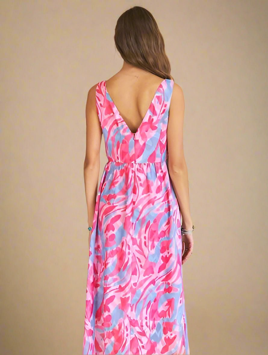 ADORA - Pink Blush Abstract Floral V - Neck Maxi Dress