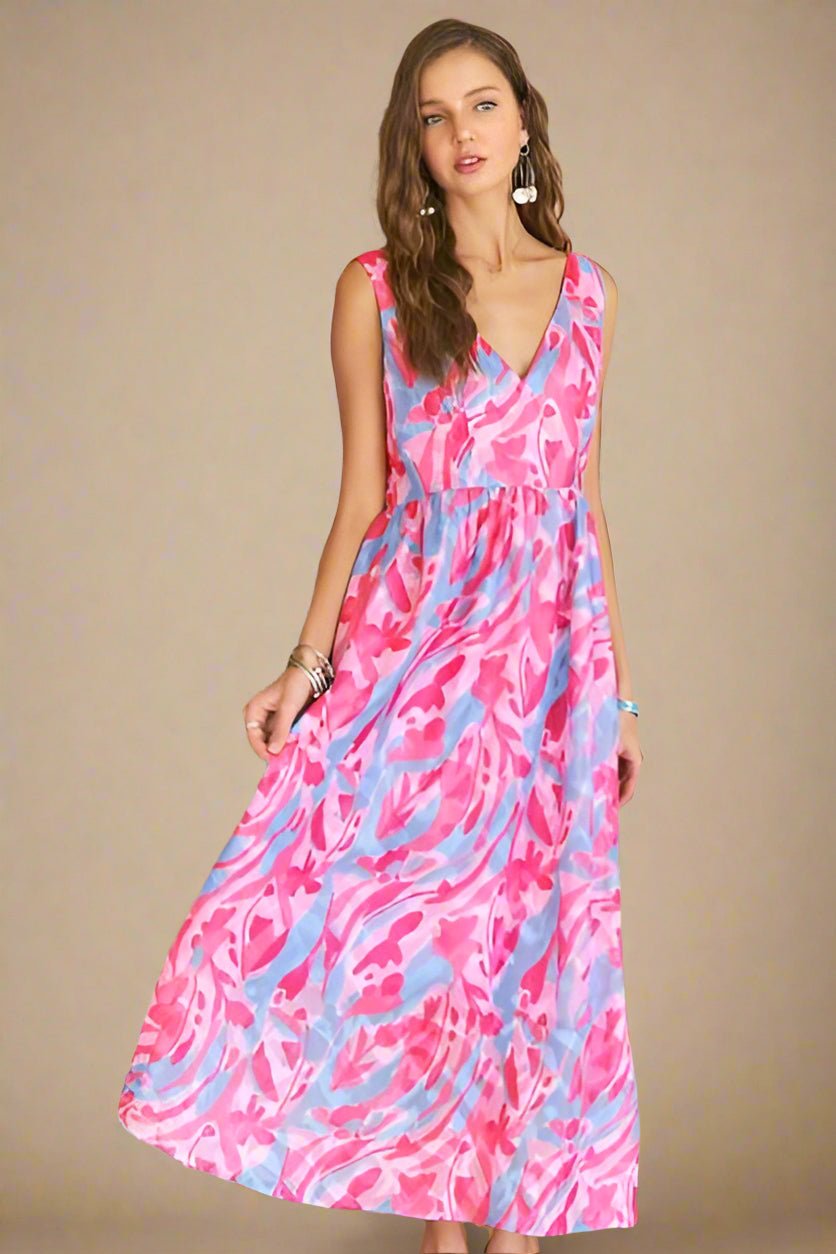 ADORA - Pink Blush Abstract Floral V - Neck Maxi Dress