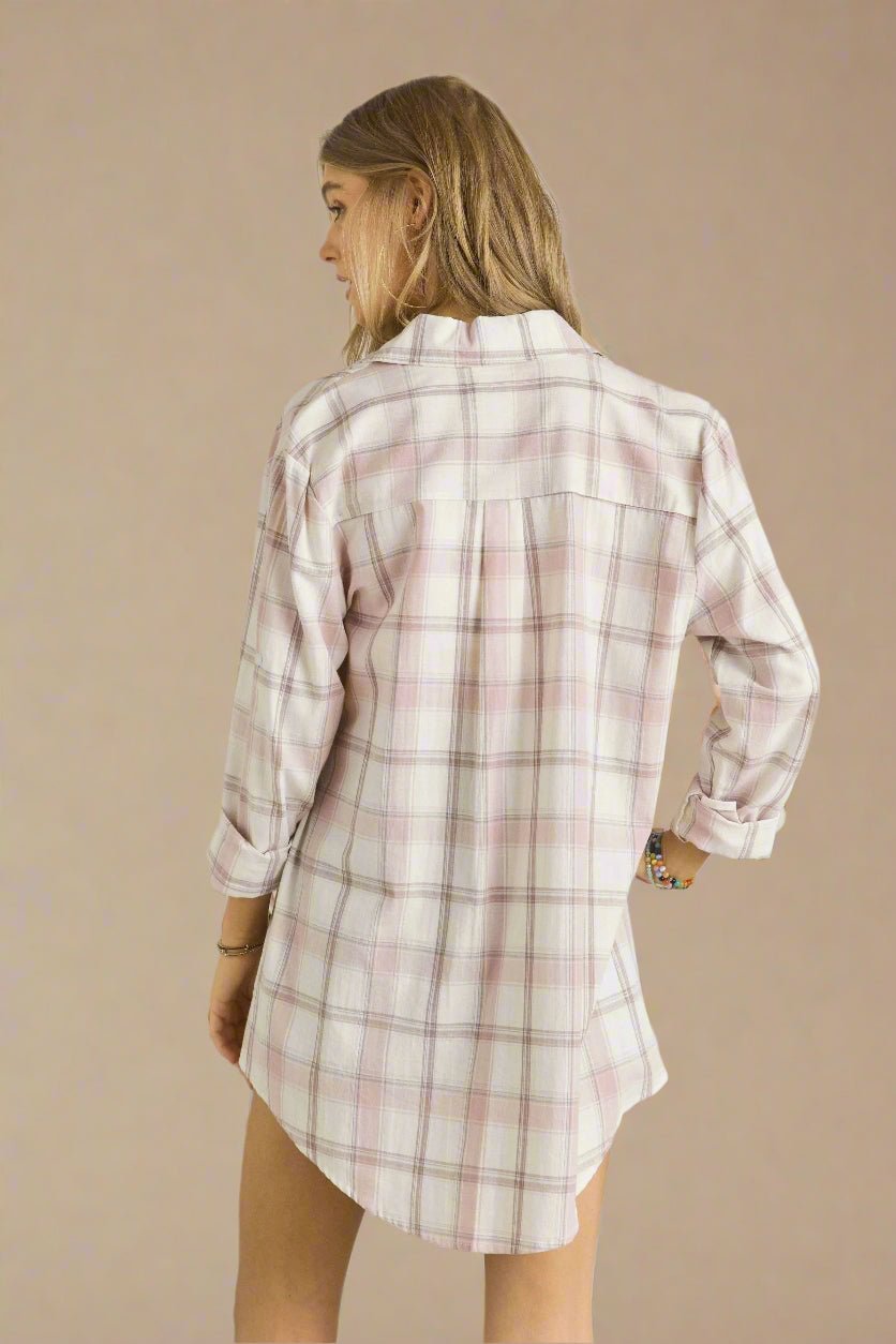 ADORA - Plaid Button Down Shirt in Blush Taupe