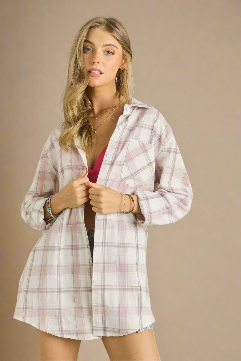 ADORA - Plaid Button Down Shirt in Blush Taupe