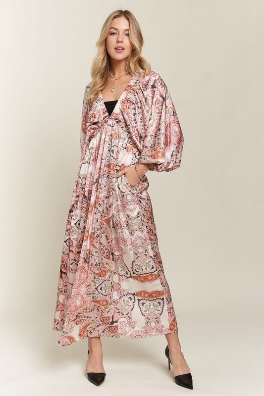 ADORA - Printed Batwing Sleeve Maxi Dress in Pale Blush