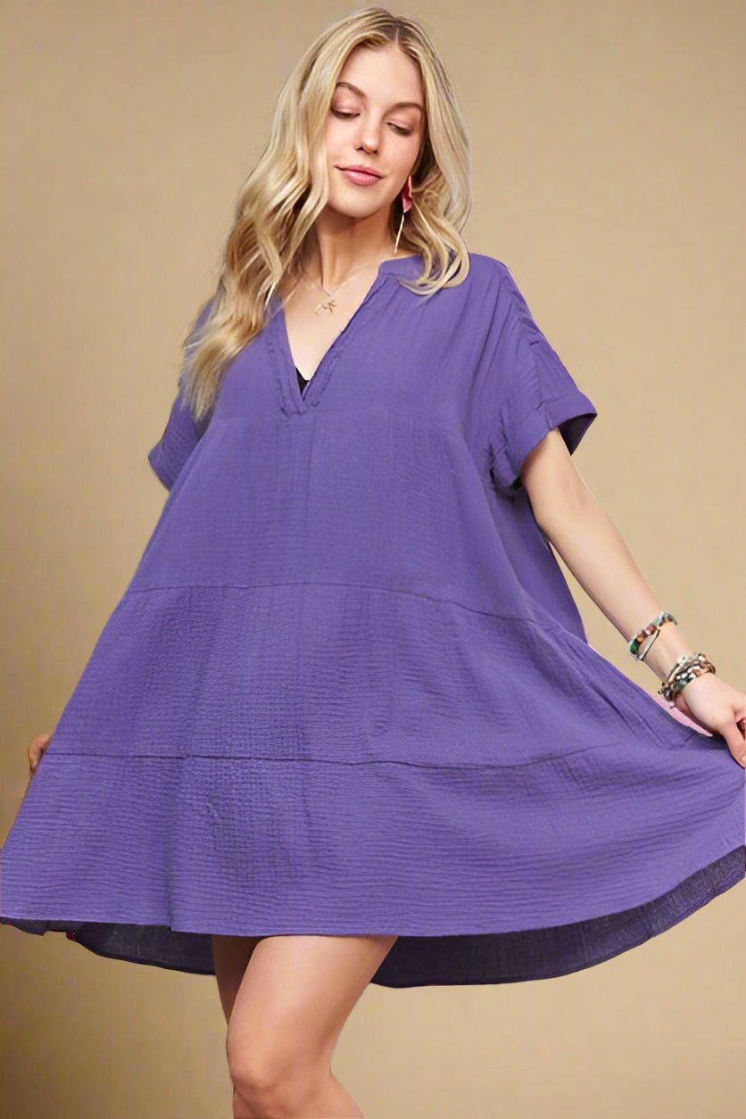 ADORA - Purple Tiered Short Sleeve Mini Dress
