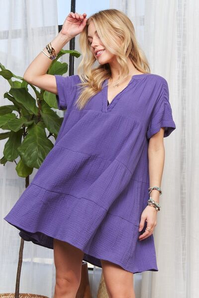 ADORA - Purple Tiered Short Sleeve Mini Dress