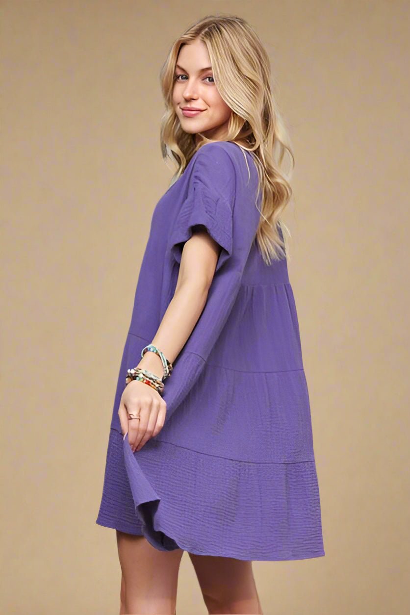ADORA - Purple Tiered Short Sleeve Mini Dress