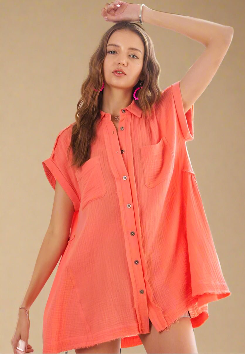 ADORA - Raw Hem Short Sleeve Shirt in Coral