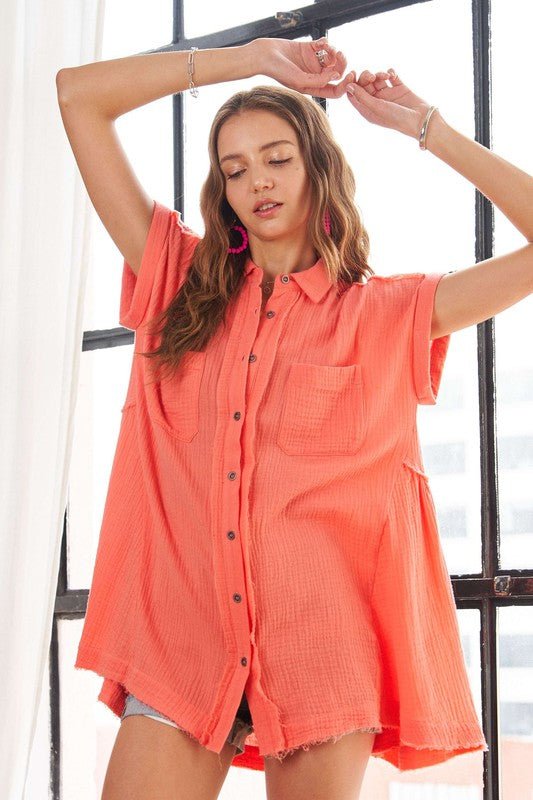 ADORA - Raw Hem Short Sleeve Shirt in Coral
