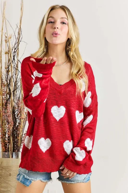 ADORA - Red & White Heart Print Slouchy Sweater