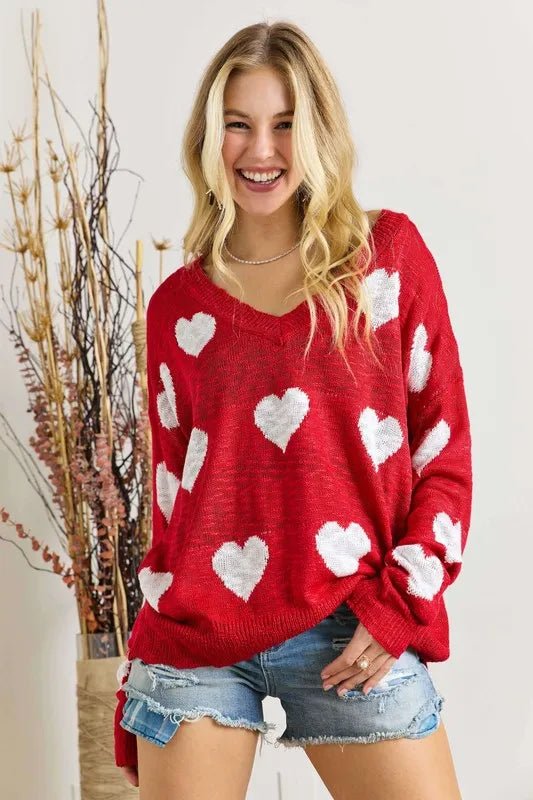 ADORA - Red & White Heart Print Slouchy Sweater