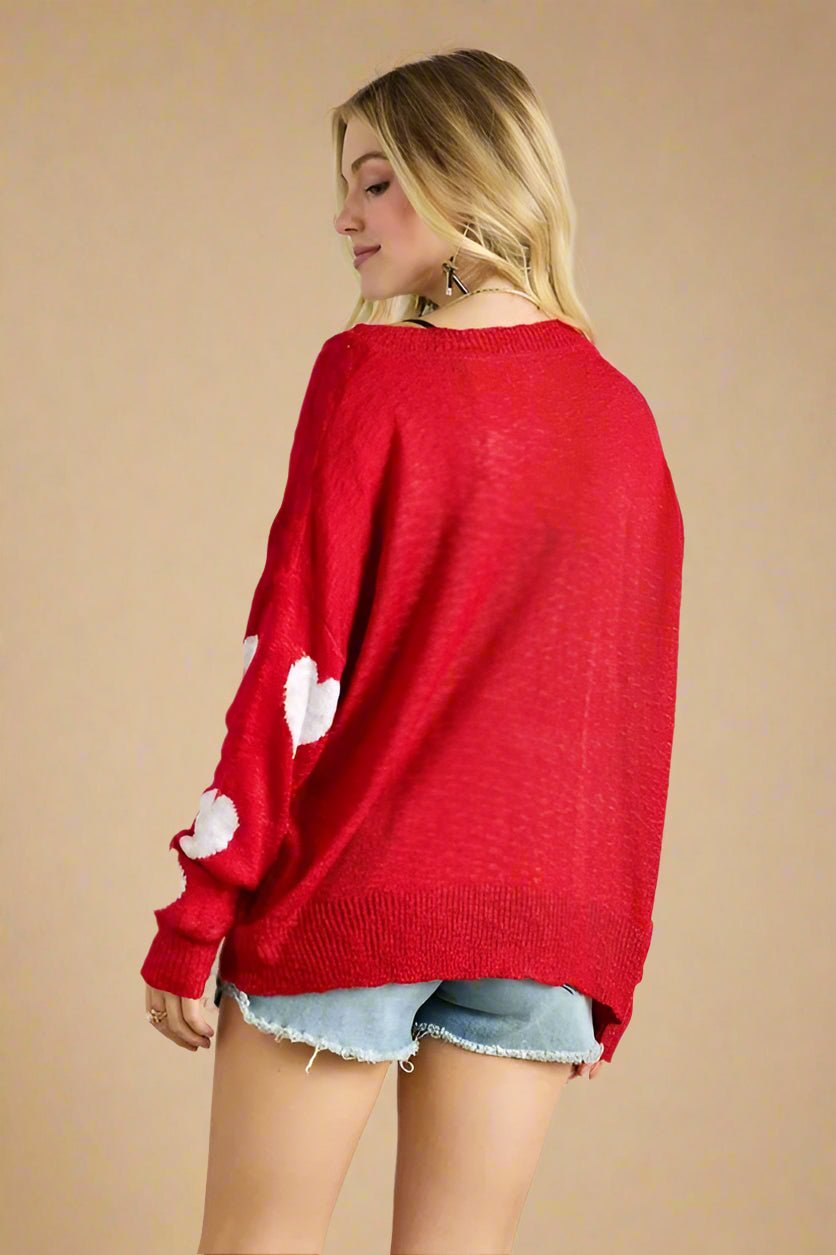 ADORA - Red & White Heart Print Slouchy Sweater