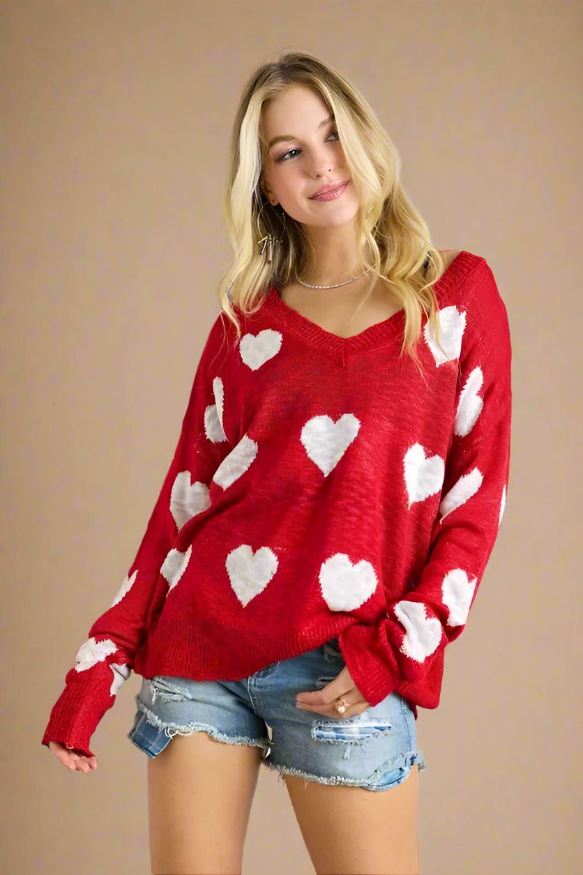 ADORA - Red & White Heart Print Slouchy Sweater