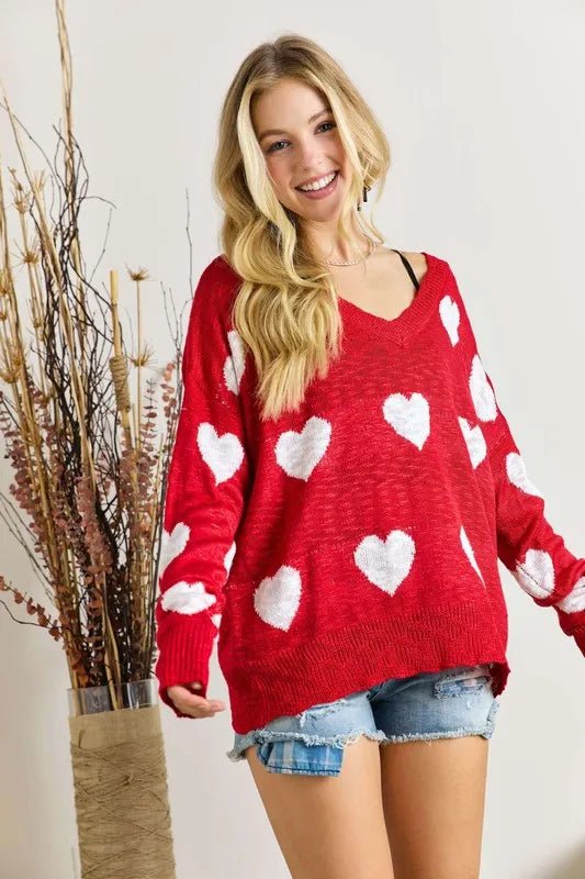 ADORA - Red & White Heart Print Slouchy Sweater