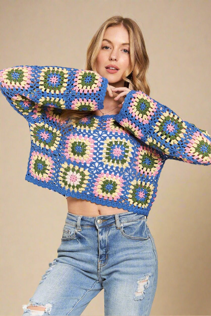 ADORA - Retro Granny Square Crochet Sweater in Blue Multi