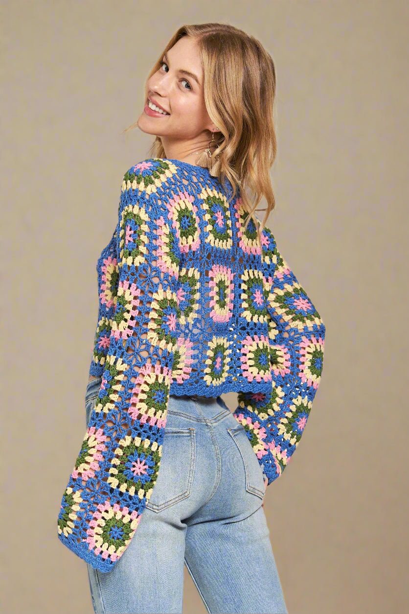 ADORA - Retro Granny Square Crochet Sweater in Blue Multi