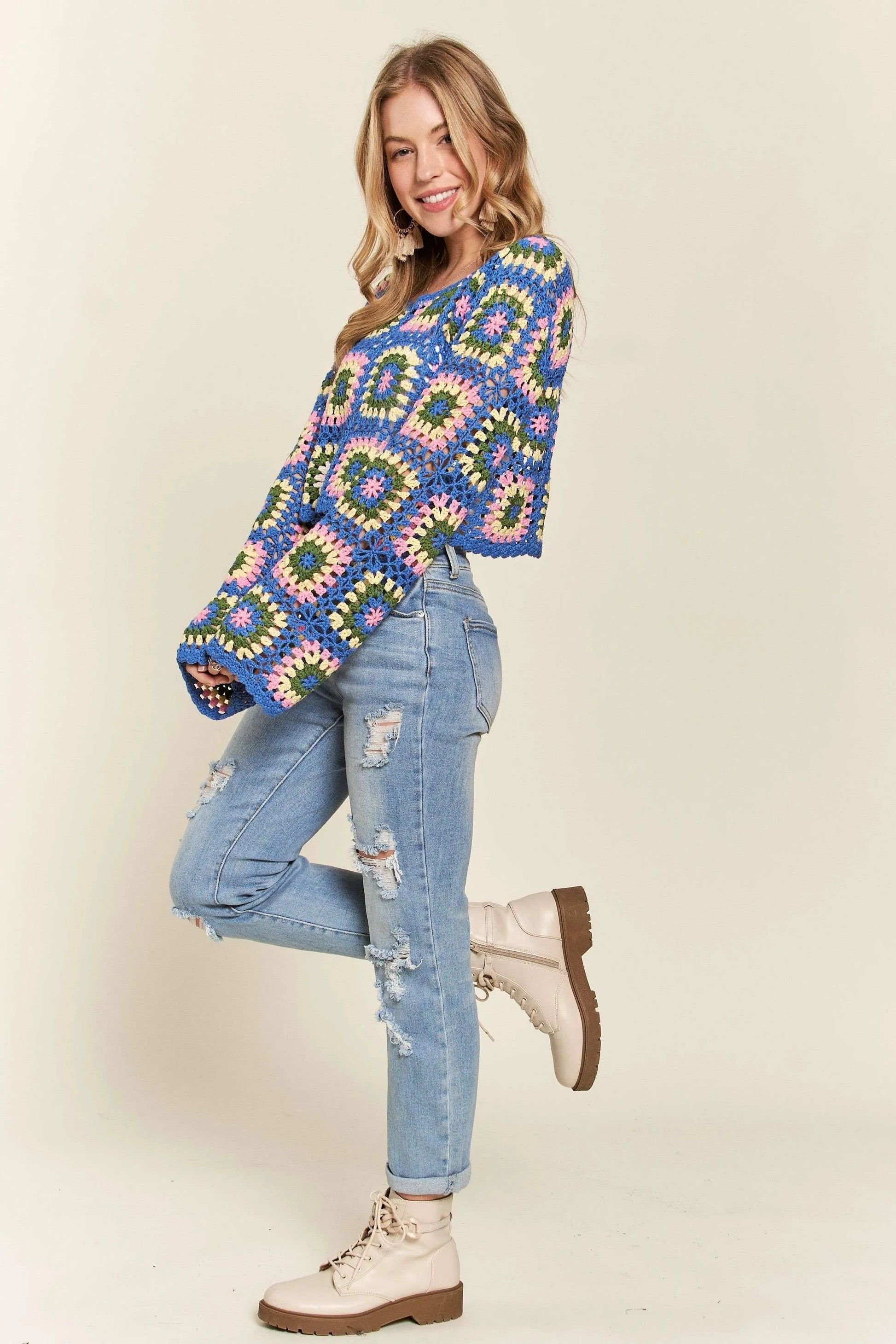 ADORA - Retro Granny Square Crochet Sweater in Blue Multi