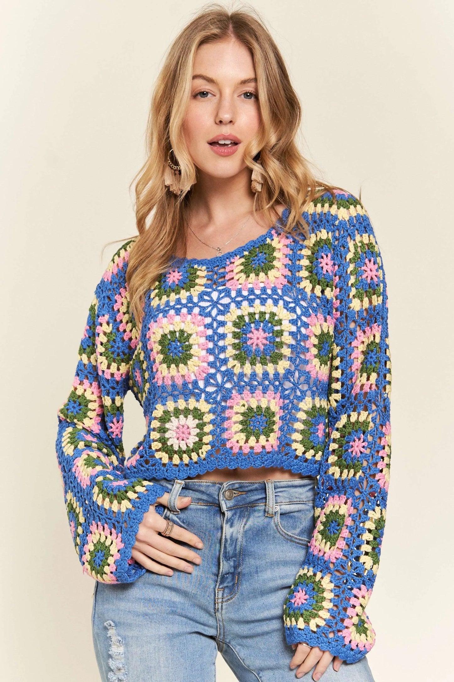 ADORA - Retro Granny Square Crochet Sweater in Blue Multi