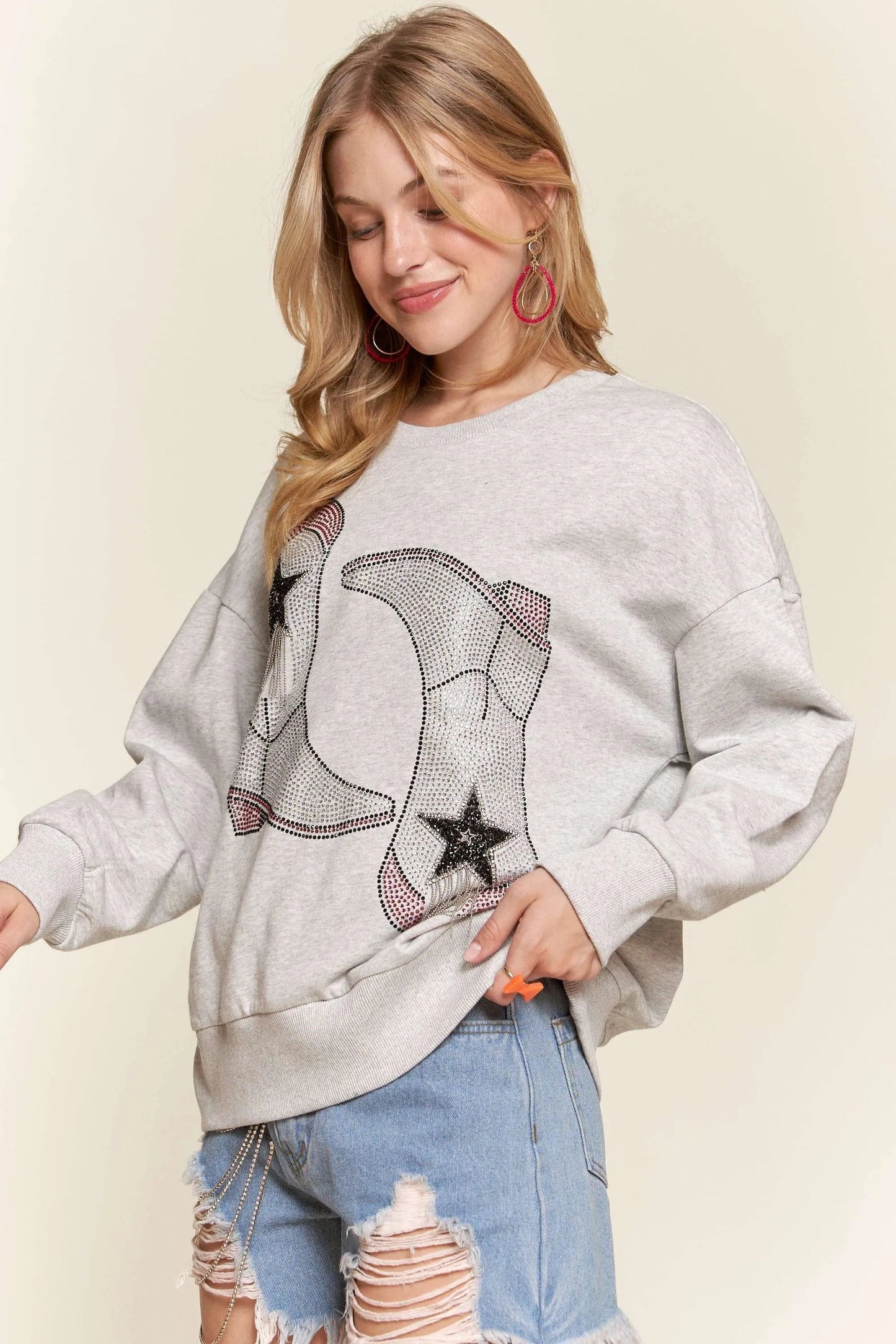 ADORA - Rhinestone Cowboy Boot Sweatshirt in Heather Gray